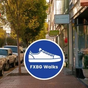 FXBG Walks logo with downtown brick street in the background